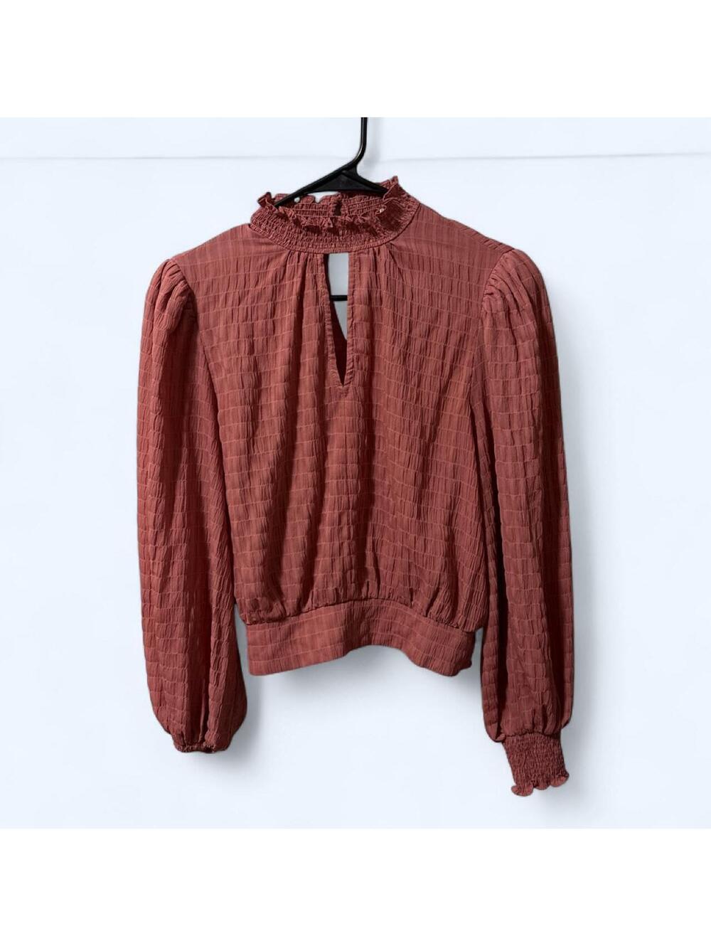 Jealous Tomato Ruffle High Neck Puff Sleeve Keyhole Blouse Pink